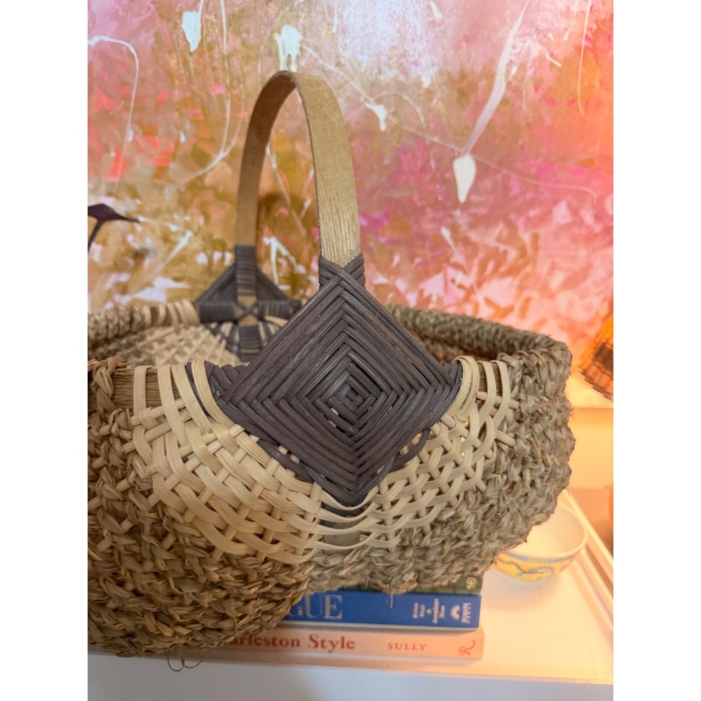 Handmade  Woven Seagrass Basket Women OS Tan Brown Boho Diamond Weave Handle - Picture 4 of 4